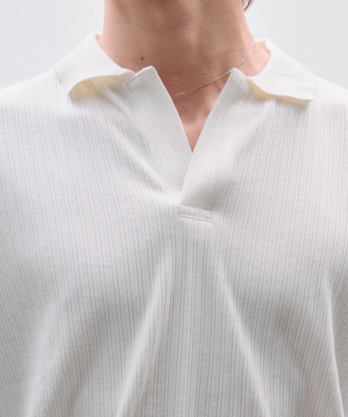 Adoon plain（アドーンプレーン）の「Rib Skipper Polo Shirt / リブスキッパーポロシャツ（ポロシャツ・メンズ・オフホワイト/ブラック/ブラウン・LARGE/MEDIUM）」の10枚目の写真