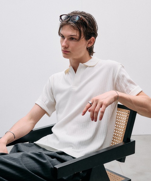 Adoon plain（アドーンプレーン）の「Rib Skipper Polo Shirt / リブスキッパーポロシャツ（ポロシャツ・メンズ・オフホワイト/ブラック/ブラウン・LARGE/MEDIUM）」の14枚目の写真