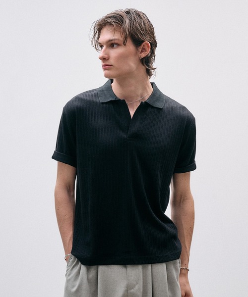Adoon plain（アドーンプレーン）の「Rib Skipper Polo Shirt / リブスキッパーポロシャツ（ポロシャツ・メンズ・オフホワイト/ブラック/ブラウン・LARGE/MEDIUM）」の8枚目の写真