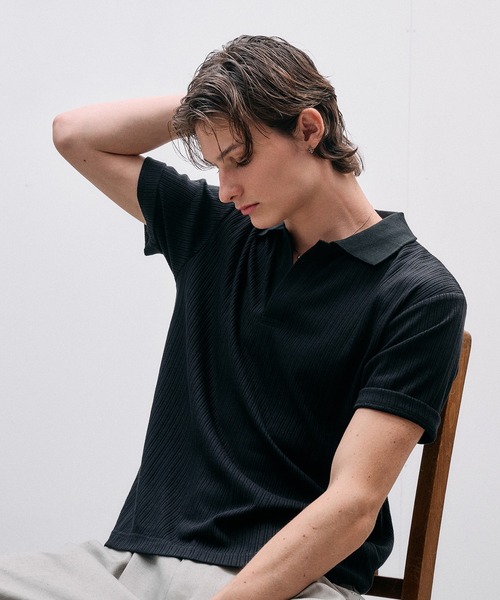 Adoon plain（アドーンプレーン）の「Rib Skipper Polo Shirt / リブスキッパーポロシャツ（ポロシャツ・メンズ・オフホワイト/ブラック/ブラウン・LARGE/MEDIUM）」の7枚目の写真
