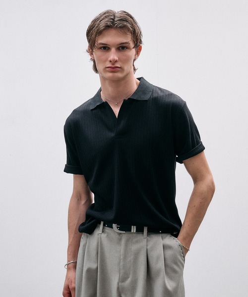 Adoon plain（アドーンプレーン）の「Rib Skipper Polo Shirt / リブスキッパーポロシャツ（ポロシャツ・メンズ・オフホワイト/ブラック/ブラウン・LARGE/MEDIUM）」の9枚目の写真