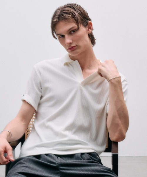 Adoon plain（アドーンプレーン）の「Rib Skipper Polo Shirt / リブスキッパーポロシャツ（ポロシャツ・メンズ・オフホワイト/ブラック/ブラウン・LARGE/MEDIUM）」の15枚目の写真