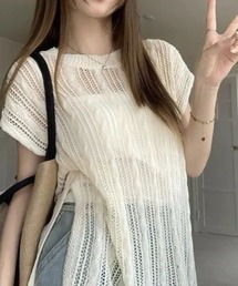 ケーブル編み サイドスリット シアーニット チュニックトップス