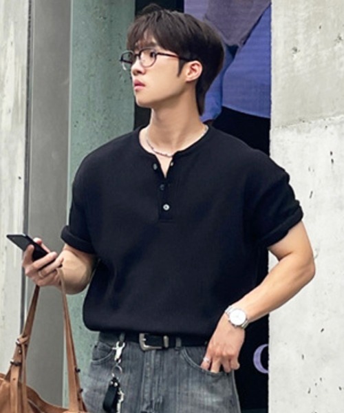 NOWLE(ノウル)の「【NOWLE】凹凸ワッフル サーマル ヘンリーネック 半袖 Tシャツ/ アーバンリラックス ショートスリーブ トップス(Tシャツ/カットソー・メンズ・ブラック/ホワイト/ダークブラウン/グレー/ネイビー・LARGE/X-LARGE/MEDIUM/SMALL)」の22枚目の写真