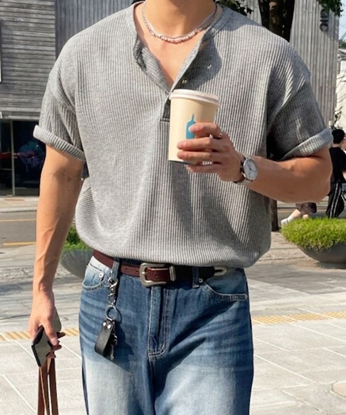 NOWLE(ノウル)の「【NOWLE】凹凸ワッフル サーマル ヘンリーネック 半袖 Tシャツ/ アーバンリラックス ショートスリーブ トップス(Tシャツ/カットソー・メンズ・ブラック/ホワイト/ダークブラウン/グレー/ネイビー・LARGE/X-LARGE/MEDIUM/SMALL)」の13枚目の写真
