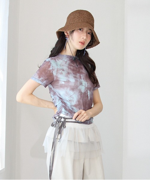 Y/lim(イリム)の「エアリー柄半袖シアートップス(Tシャツ/カットソー・レディース・ブルー/ブラウン/ライトブラウン/ブラック・FREE)」の4枚目の写真