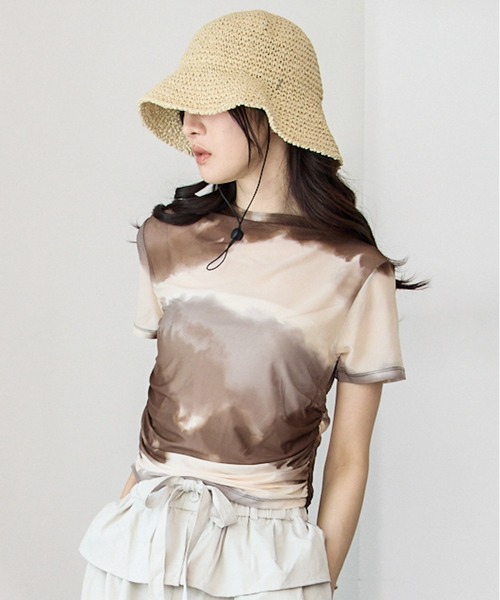 Y/lim(イリム)の「エアリー柄半袖シアートップス(Tシャツ/カットソー・レディース・ブルー/ブラウン/ライトブラウン/ブラック・FREE)」の3枚目の写真