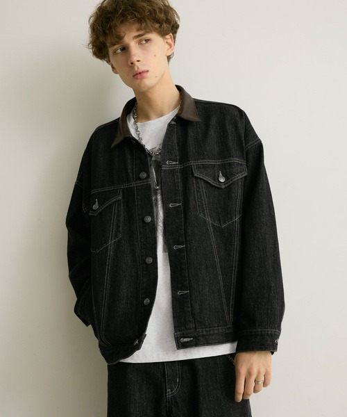 PBLIM（ページボーイリム）の「《UNISEX/セットアップ対応》レザーカラーGジャン（デニムジャケット・レディース・インディゴブルー/ブラック・SMALL/MEDIUM）」の4枚目の写真
