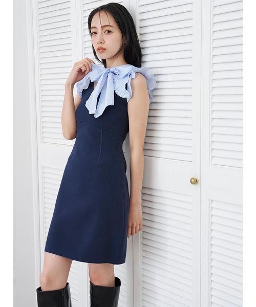 SNIDEL(スナイデル)の「ノースリボウタイドッキングミニニットワンピース(ワンピース・レディース・イエロー/ブラック/ネイビー・F)」の1枚目の写真