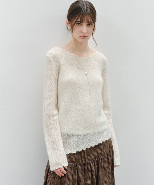 tageechita(タジチタ)の「【tageechita】透かしジャカード ウールシルクニットトップス(Tシャツ/カットソー・レディース・グレー/ライトグレー/アイボリー・FREE)」の1枚目の写真