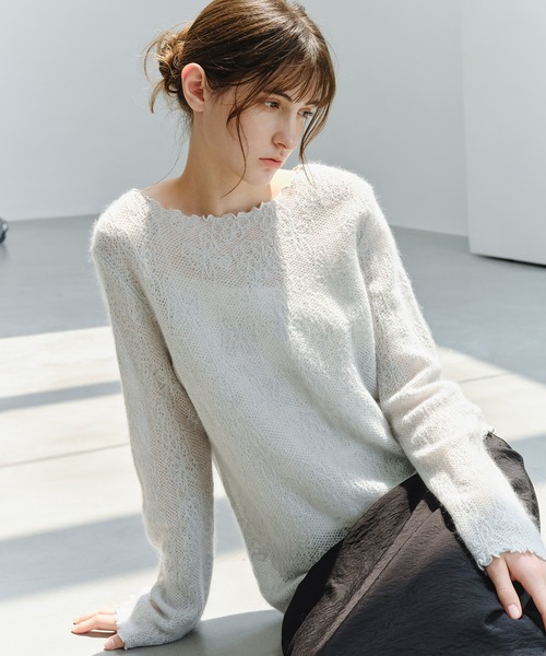 tageechita(タジチタ)の「【tageechita】透かしジャカード ウールシルクニットトップス(Tシャツ/カットソー・レディース・グレー/ライトグレー/アイボリー・FREE)」の2枚目の写真