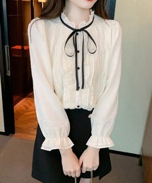 配色リボン フリルレースブラウス