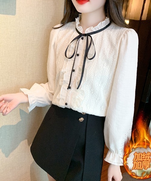 LUCPY（ラクピー）の「配色リボン フリルレースブラウス（シャツ/ブラウス・レディース・ホワイト・SMALL/MEDIUM/LARGE/X-LARGE）」の2枚目の写真