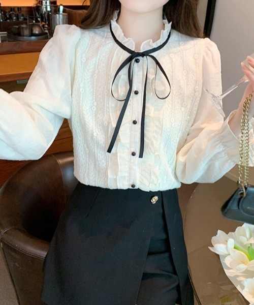 LUCPY（ラクピー）の「配色リボン フリルレースブラウス（シャツ/ブラウス・レディース・ホワイト・SMALL/MEDIUM/LARGE/X-LARGE）」の3枚目の写真