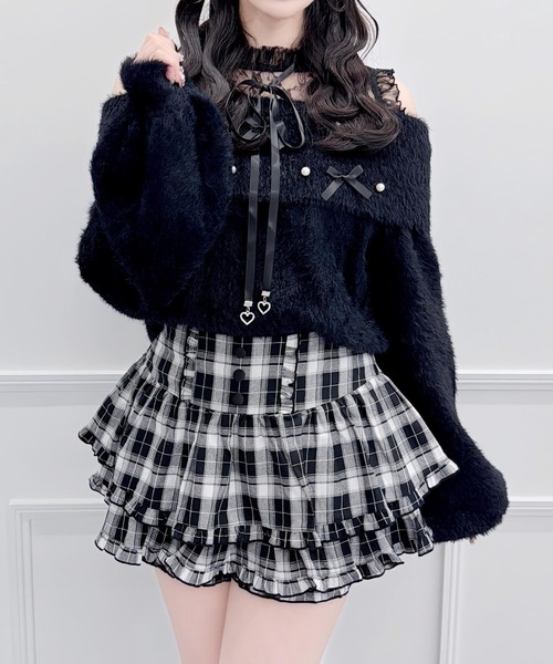 MA*RS（アメーバーマーズ）の「リボン＆パールケーブルオフショルニット（ニット/セーター・レディース・ブラック/ホワイト/ピンク・FREE）」の3枚目の写真
