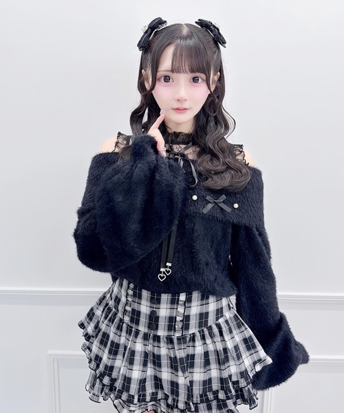 MA*RS（アメーバーマーズ）の「リボン＆パールケーブルオフショルニット（ニット/セーター・レディース・ブラック/ホワイト/ピンク・FREE）」の7枚目の写真