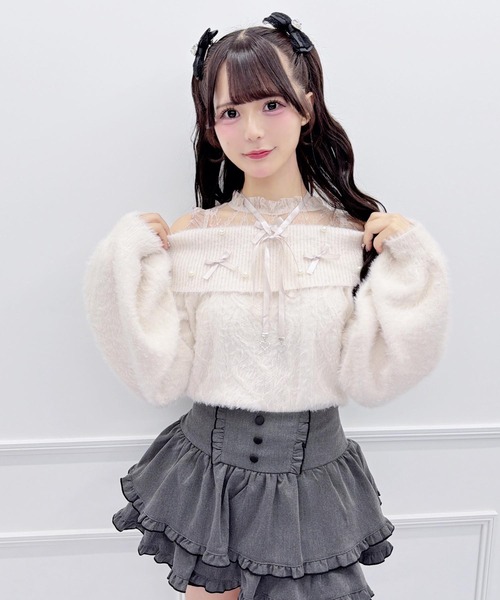 MA*RS（アメーバーマーズ）の「リボン＆パールケーブルオフショルニット（ニット/セーター・レディース・ブラック/ホワイト/ピンク・FREE）」の10枚目の写真
