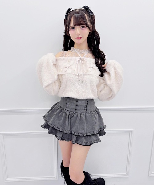 MA*RS（アメーバーマーズ）の「リボン＆パールケーブルオフショルニット（ニット/セーター・レディース・ブラック/ホワイト/ピンク・FREE）」の12枚目の写真