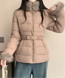 スタンドフェイクファーカラーベルト付きダウンジャケット