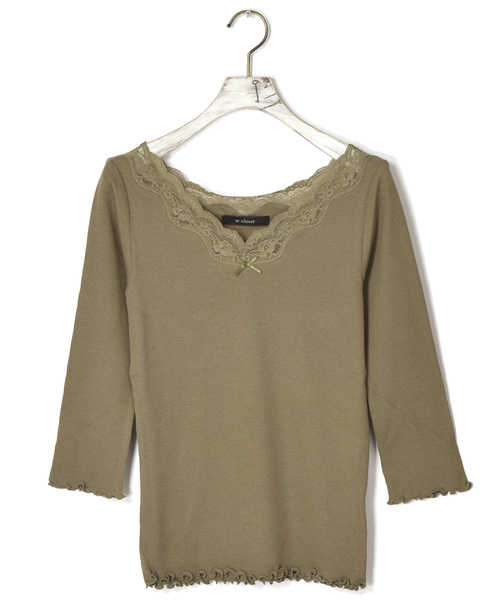 w closet(ダブルクローゼット)の「レース付きVネック7分丈プルオーバー(Tシャツ/カットソー・レディース・ブラック/オフホワイト/ライトカーキ/レンガ/モカ・FREE)」の4枚目の写真
