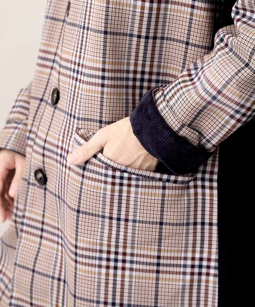 MONO-MART（モノマート）の「クラシックチェック切替オーバーサイズバルカラーコート（ステンカラーコート・メンズ・ブラウン/ネイビー・M/L）」の4枚目の写真