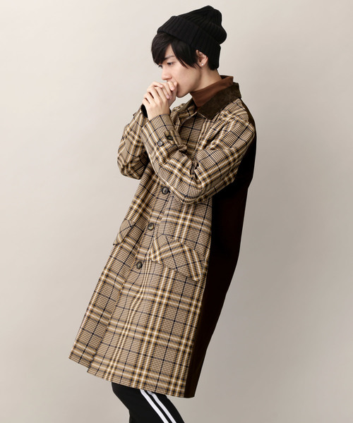 MONO-MART（モノマート）の「クラシックチェック切替オーバーサイズバルカラーコート（ステンカラーコート・メンズ・ブラウン/ネイビー・M/L）」の11枚目の写真