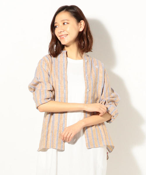 coen（コーエン）の「フレンチリネンバンドカラーシャツ（シャツ/ブラウス・レディース・ライム/ベージュ/コバルトブルー・SMALL/LARGE/MEDIUM）」の4枚目の写真