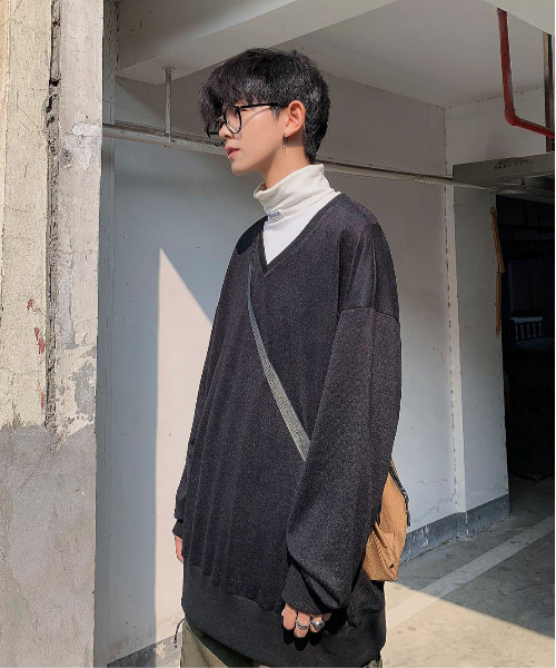 neos（ネオス）の「【neos -addictive design-】ルーズシルエット Vネック ベーシック ニットソー（Tシャツ/カットソー・メンズ・ブラック/グレー/ピンク/モカ・MEDIUM/LARGE）」の22枚目の写真
