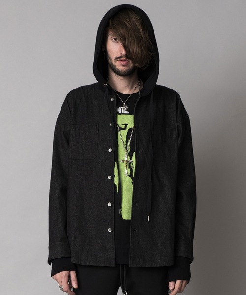 NO ID.(ノーアイディ)の「【NO ID.】Hooded Denim Big Shirt / フード 付 デニム ビッグ シャツ(シャツ/ブラウス・メンズ・ブラック/ライトブルー/インディゴブルー・ONE SIZE)」の1枚目の写真