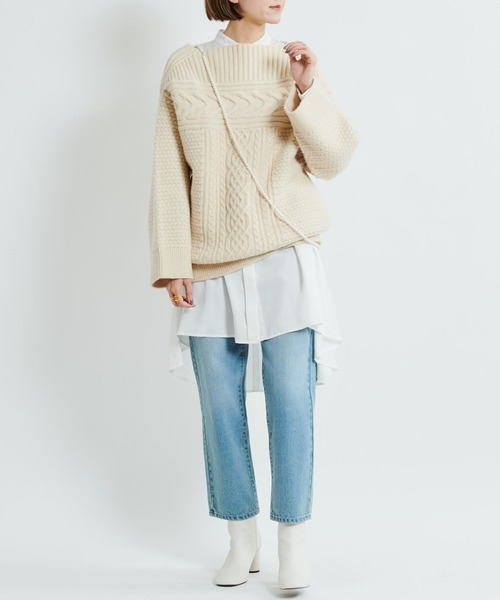 DouDou（ドゥドゥ）の「ケーブルオフタートルチュニック（ニット/セーター・レディース・オフホワイト/ブラック/ベージュ・FREE）」の4枚目の写真