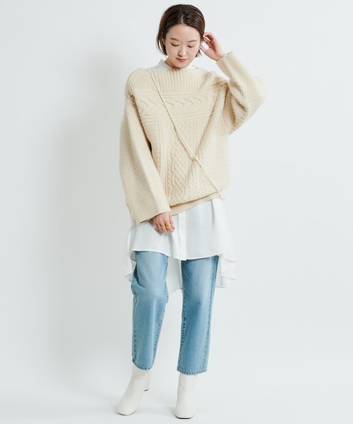 DouDou（ドゥドゥ）の「ケーブルオフタートルチュニック（ニット/セーター・レディース・オフホワイト/ブラック/ベージュ・FREE）」の5枚目の写真