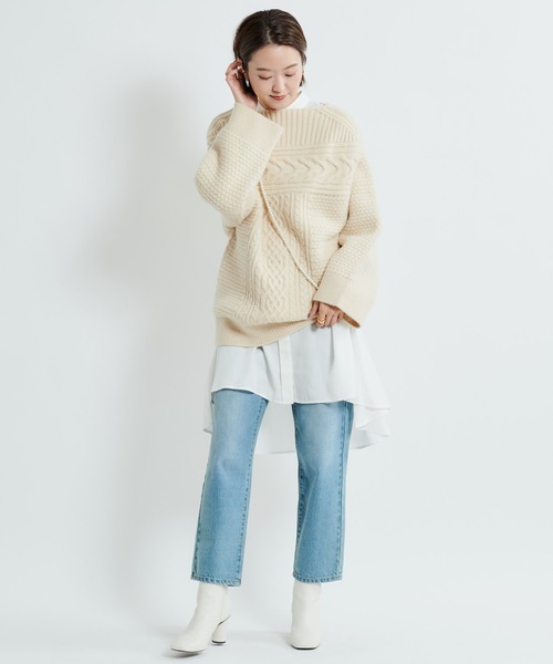 DouDou（ドゥドゥ）の「ケーブルオフタートルチュニック（ニット/セーター・レディース・オフホワイト/ブラック/ベージュ・FREE）」の6枚目の写真