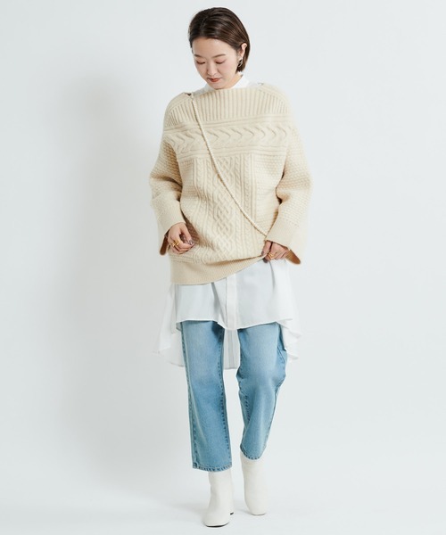 DouDou（ドゥドゥ）の「ケーブルオフタートルチュニック（ニット/セーター・レディース・オフホワイト/ブラック/ベージュ・FREE）」の7枚目の写真