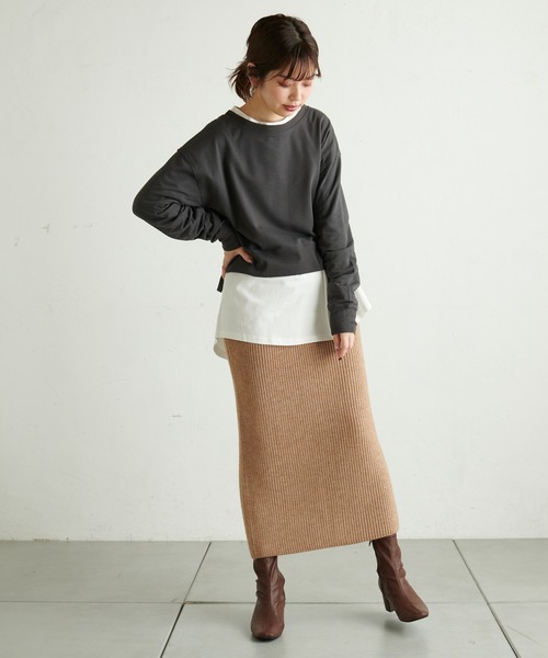 natural couture(ナチュラルクチュール)の「【WEB限定】ショート丈裏毛Tシャツレイヤードトップス(Tシャツ/カットソー・レディース・ブラック/ベージュ/ブラウン/カーキ・FREE)」の6枚目の写真