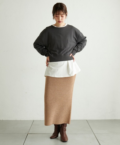 natural couture(ナチュラルクチュール)の「【WEB限定】ショート丈裏毛Tシャツレイヤードトップス(Tシャツ/カットソー・レディース・ブラック/ベージュ/ブラウン/カーキ・FREE)」の7枚目の写真