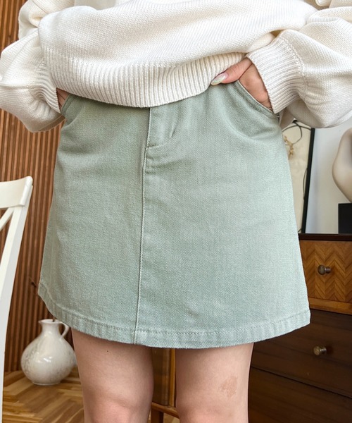 moment+（モーメントプラス）の「【累計販売枚数2万枚突破！】ヘビーツイル＆デニム ミニスカート（デニムスカート・レディース・アイボリー/オフホワイト/ブラウン/グレイッシュベージュ/ブラック/インディゴブルー/サックスブルー/ブラック系その他/カーキ・S/L/M）」の10枚目の写真