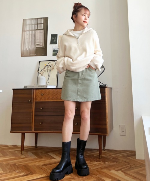 moment+（モーメントプラス）の「【累計販売枚数2万枚突破！】ヘビーツイル＆デニム ミニスカート（デニムスカート・レディース・アイボリー/オフホワイト/ブラウン/グレイッシュベージュ/ブラック/インディゴブルー/サックスブルー/ブラック系その他/カーキ・S/L/M）」の12枚目の写真