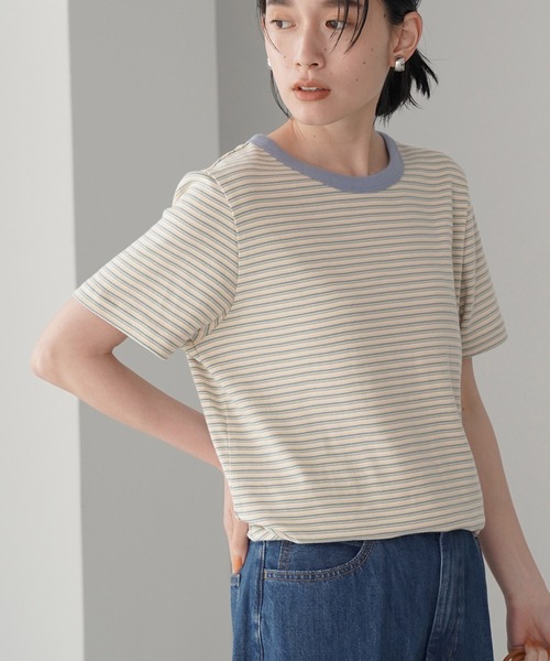 AMERICAN HOLIC（アメリカンホリック）の「マルチボーダーカットクルーネックカットプルオーバー（Tシャツ/カットソー・レディース・ブルー/カーキ・M/L）」の2枚目の写真