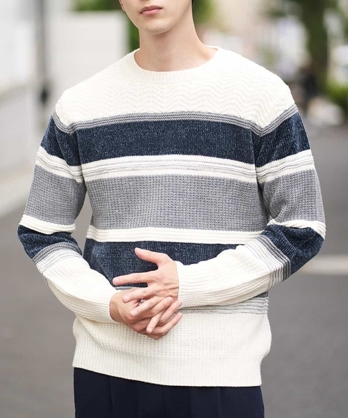 a.v.v（アーヴェヴェ）の「【洗濯機で洗える】モールボーダークルーネックニット[WEB限定サイズ]（ニット/セーター・メンズ・クリーム/ネイビー/グリーン/ライトブルー・44/50/48/46/52）」の3枚目の写真
