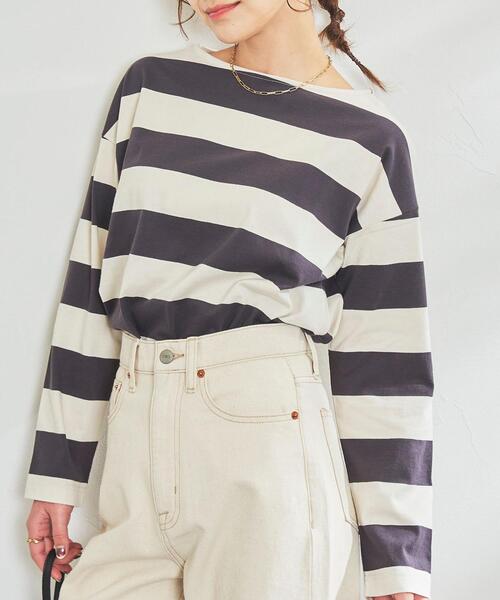 coen（コーエン）の「【WEB限定復刻】ワイドボーダーボートネックカットソー（Tシャツ/カットソー・レディース・ダークグレー/ネイビー/ブラック/ブラウン・MEDIUM/LARGE）」の22枚目の写真