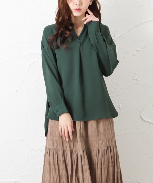 NAVY（ネイビー）の「涼感麻風キーネックブラウス（シャツ/ブラウス・レディース・グリーン/ベージュ/ホワイト・フリー）」の3枚目の写真