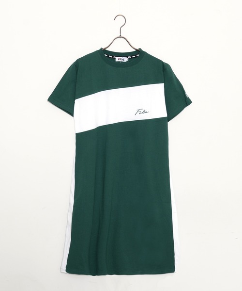 FILA(フィラ)の「FILA/フィラ 筆記体 ブランドロゴ刺繍 配色切替 ドロップショルダー 半袖 Tシャツ ワンピース(ワンピース・レディース・ホワイト/ブラック/チャコール/グリーン・FREE)」の7枚目の写真