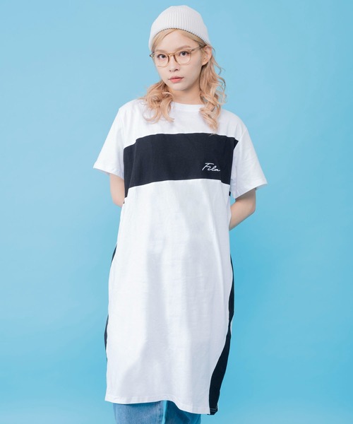 FILA(フィラ)の「FILA/フィラ 筆記体 ブランドロゴ刺繍 配色切替 ドロップショルダー 半袖 Tシャツ ワンピース(ワンピース・レディース・ホワイト/ブラック/チャコール/グリーン・FREE)」の17枚目の写真