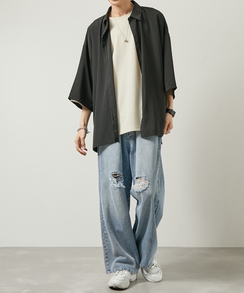 iisy（イージー）の「【 iisy 】ドルマンライクバックプリントシャツ（シャツ/ブラウス・メンズ・ブラック/ライトグレー・S/M/L/XL）」の13枚目の写真