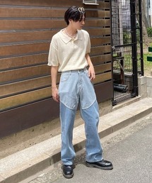 Chikashitsu + | 【Chikashitsu +/チカシツプラス】switch design denim pants/ワイドデニム ブルーデニム デニムパンツ ボトム ズボン(デニムパンツ)