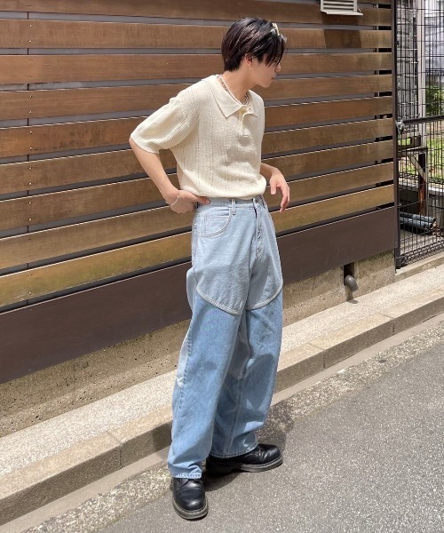 Chikashitsu +(チカシツプラス)の「【Chikashitsu +/チカシツプラス】switch design denim pants/ワイドデニム ブルーデニム デニムパンツ ボトム ズボン(デニムパンツ・メンズ・ライトブルー・M/L)」の3枚目の写真