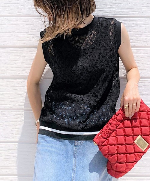 Q（キュー）の「レースリブトップス（Tシャツ/カットソー・レディース・ブラック/グリーン系その他・MEDIUM）」の2枚目の写真