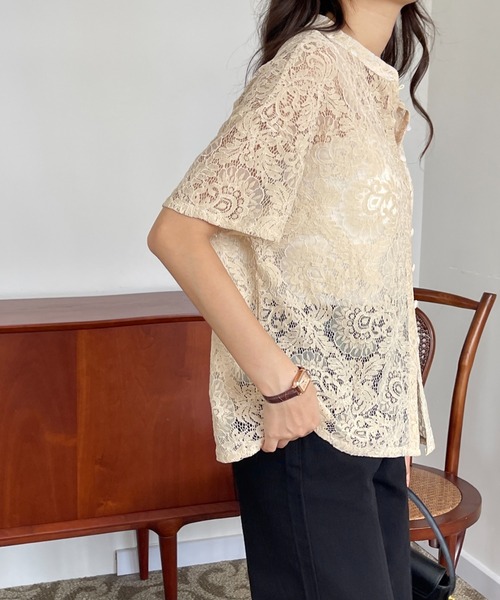 emi+(エミプラス)の「刺繍ノーカラーレースブラウス(シャツ/ブラウス・レディース・ホワイト/ブラック/ベージュ/カーキ・M/L)」の11枚目の写真