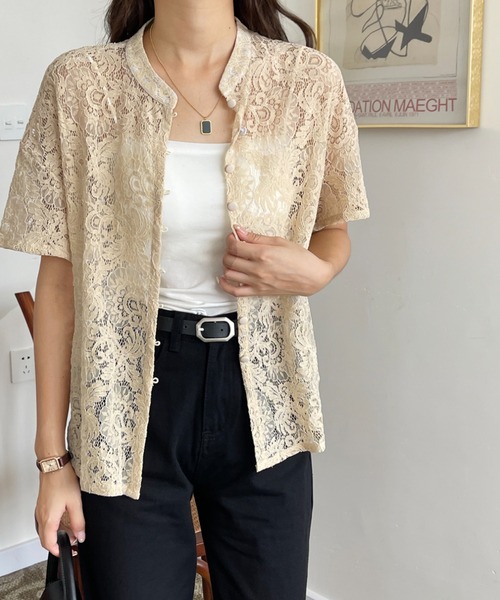 emi+(エミプラス)の「刺繍ノーカラーレースブラウス(シャツ/ブラウス・レディース・ホワイト/ブラック/ベージュ/カーキ・M/L)」の14枚目の写真
