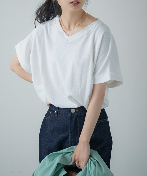 Fashion Letter（ファッションレター）の「Vネックコットンワッフルカットソー（Tシャツ/カットソー・レディース・ブラック/オフホワイト/チャコール・M）」の4枚目の写真